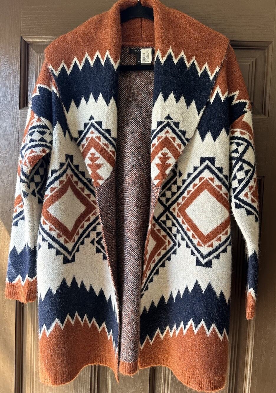 women's aztec tribal mid length cardigan knitted sweater oversized Small pockets